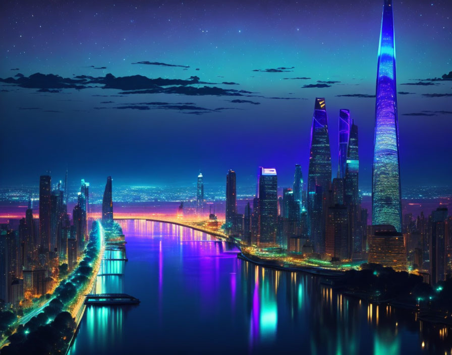 Nighttime futuristic cityscape with illuminated skyscrapers and starry sky reflected on waterway