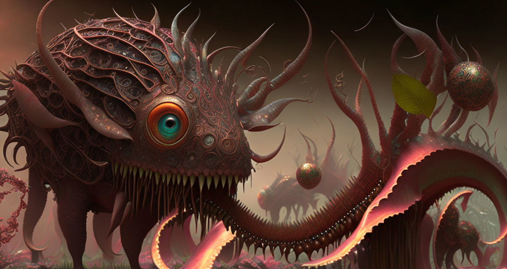 Fantastical creature with large eye, ornate horns, and tentacles in eerie landscape