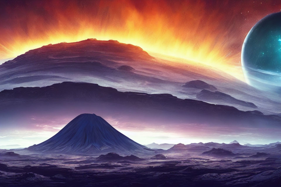 Sci-fi landscape with fiery sky, mountain, rocky terrain, and looming planet