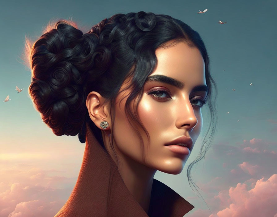 Illustrated portrait of woman with elaborate updo and piercing gaze against sky backdrop