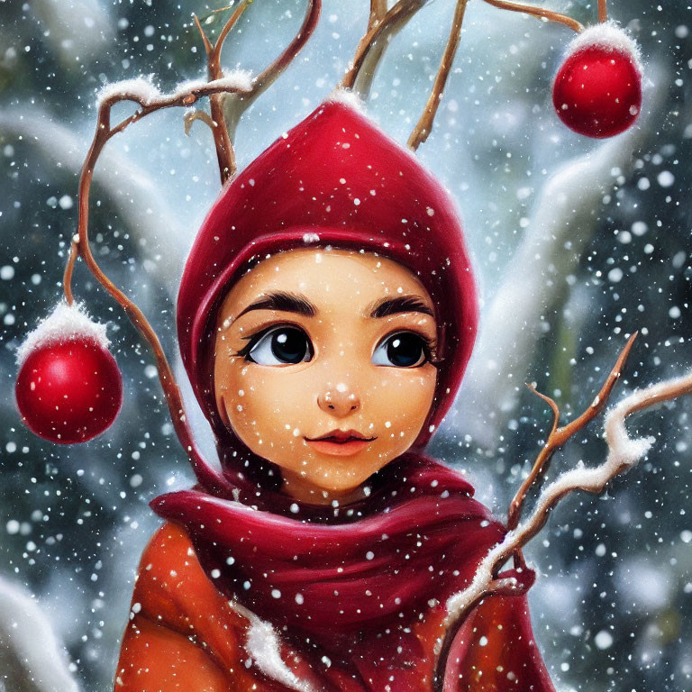 Digital illustration: Person with big eyes in red hood and scarf, snowflakes, red baub