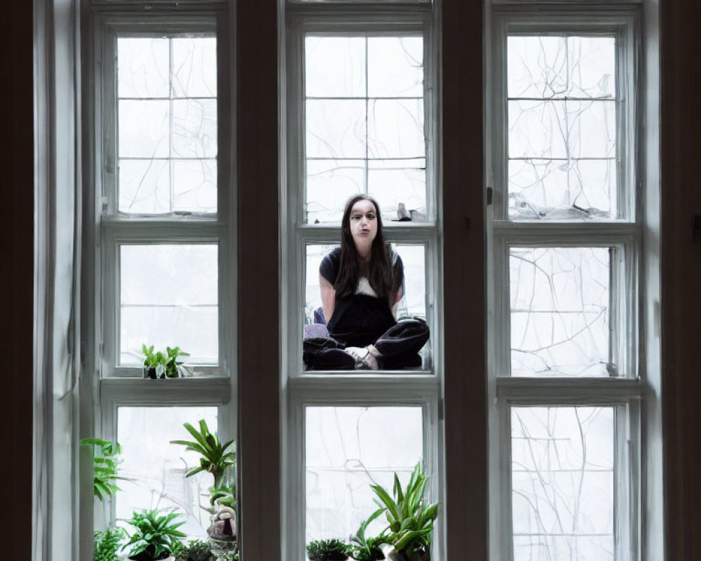 Person sitting on window sill with white frames and leafy plants, bare tree branches in background
