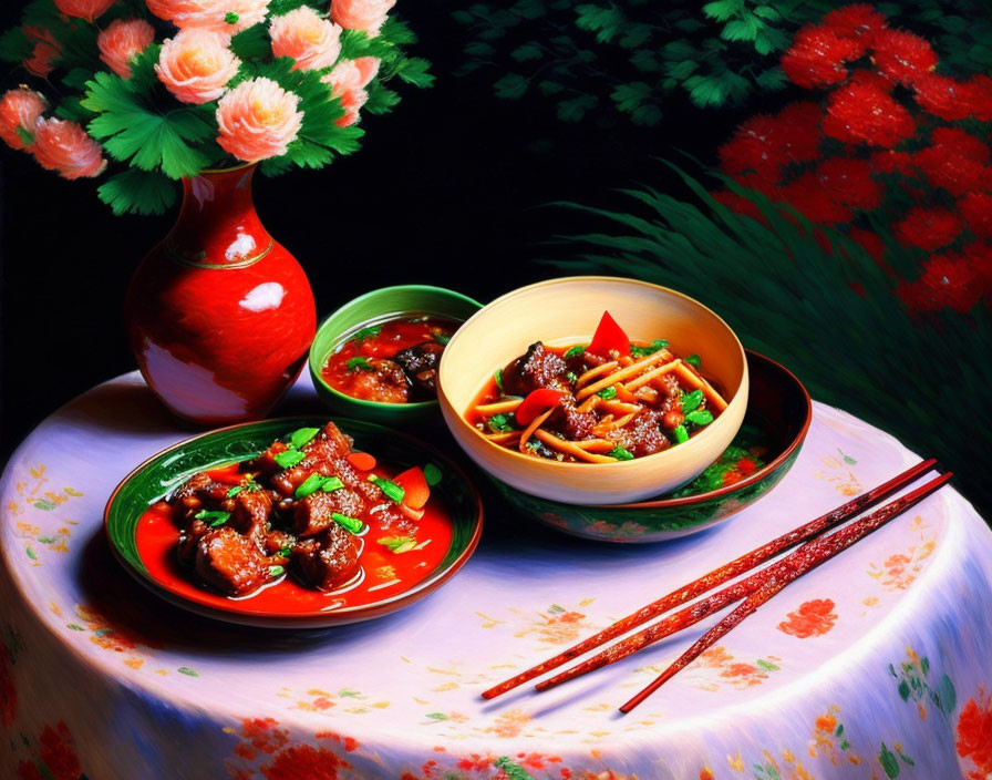 Colorful Chinese Dishes Still Life with Red Plates and Floral Vase