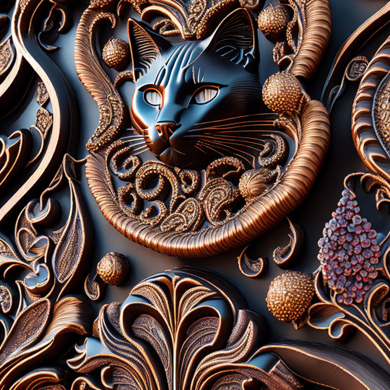 Detailed 3D Illustration of Stylized Black Cat with Golden Filigree Designs