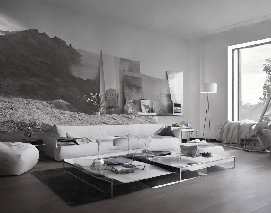 Monochromatic modern living room with sleek furniture and mountain view