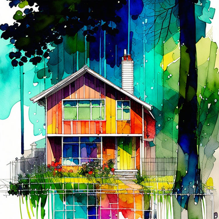 Colorful Watercolor Illustration of Whimsical House & Abstract Trees