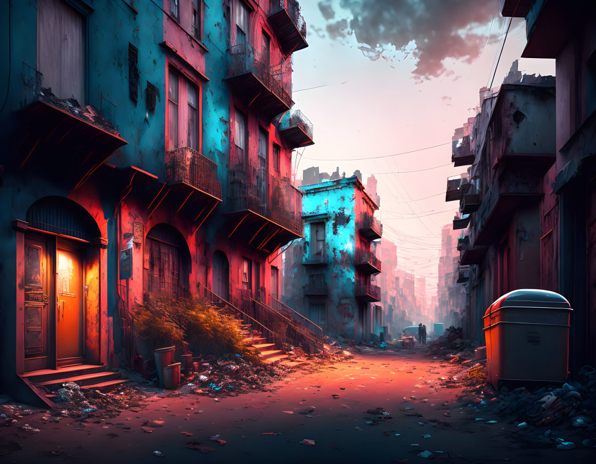 Desolate urban street at dusk with dilapidated buildings and eerie red glow