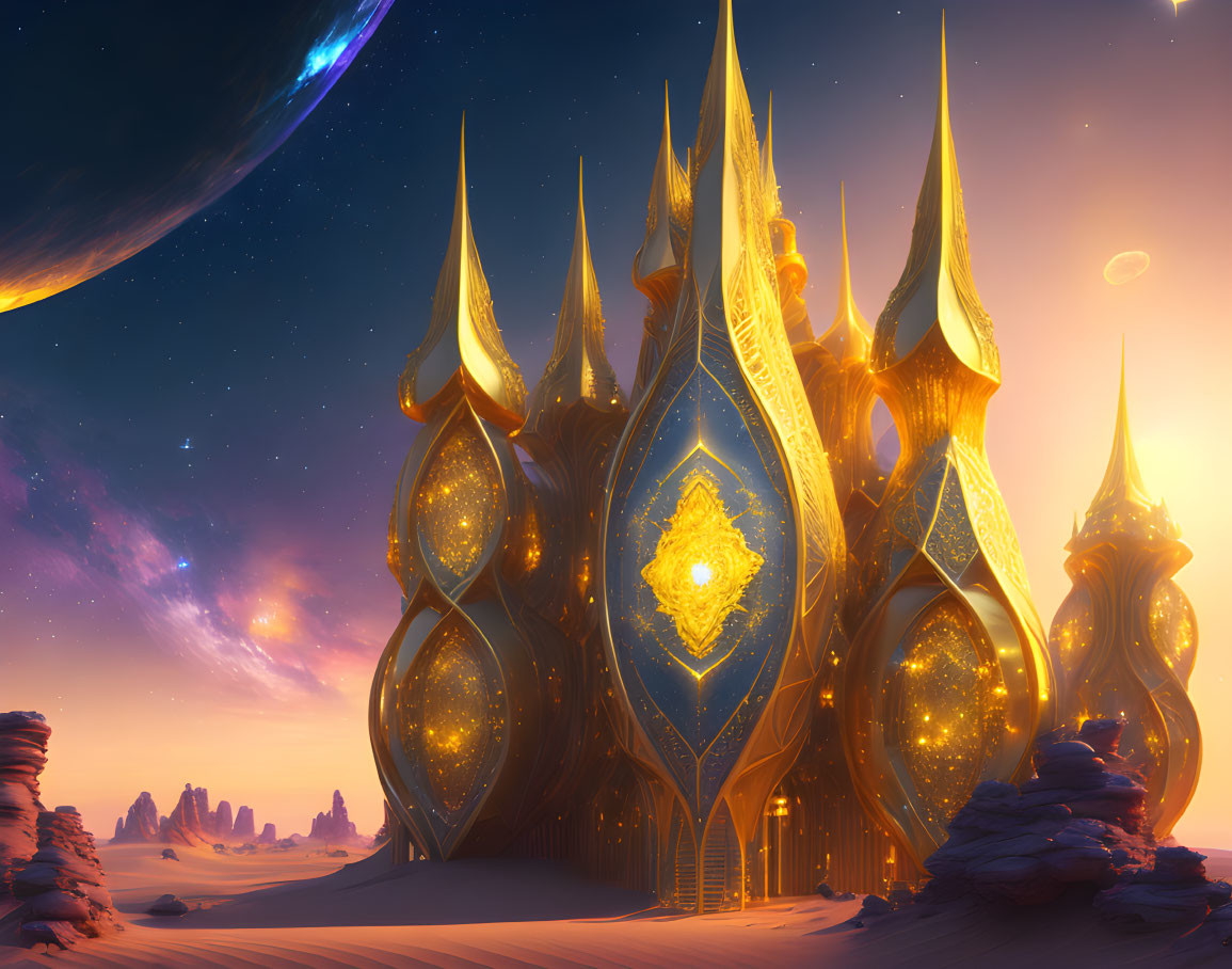 Golden palace with spire-like towers in alien twilight sky and desert landscape.