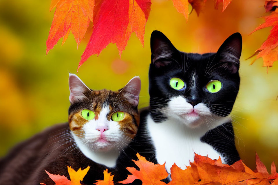 Two Cats with Striking Green Eyes Among Colorful Autumn Leaves