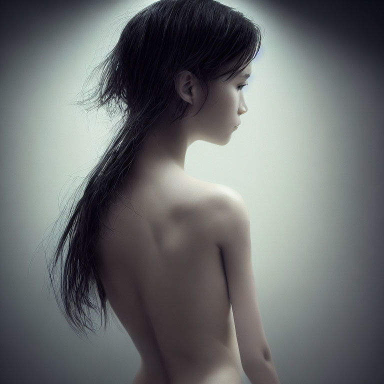 Monochrome photo of woman's side profile with bare shoulders and long hair