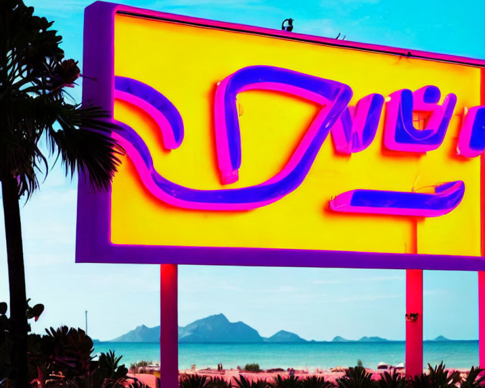 Abstract Neon Sign Against Dusky Sky and Mountains