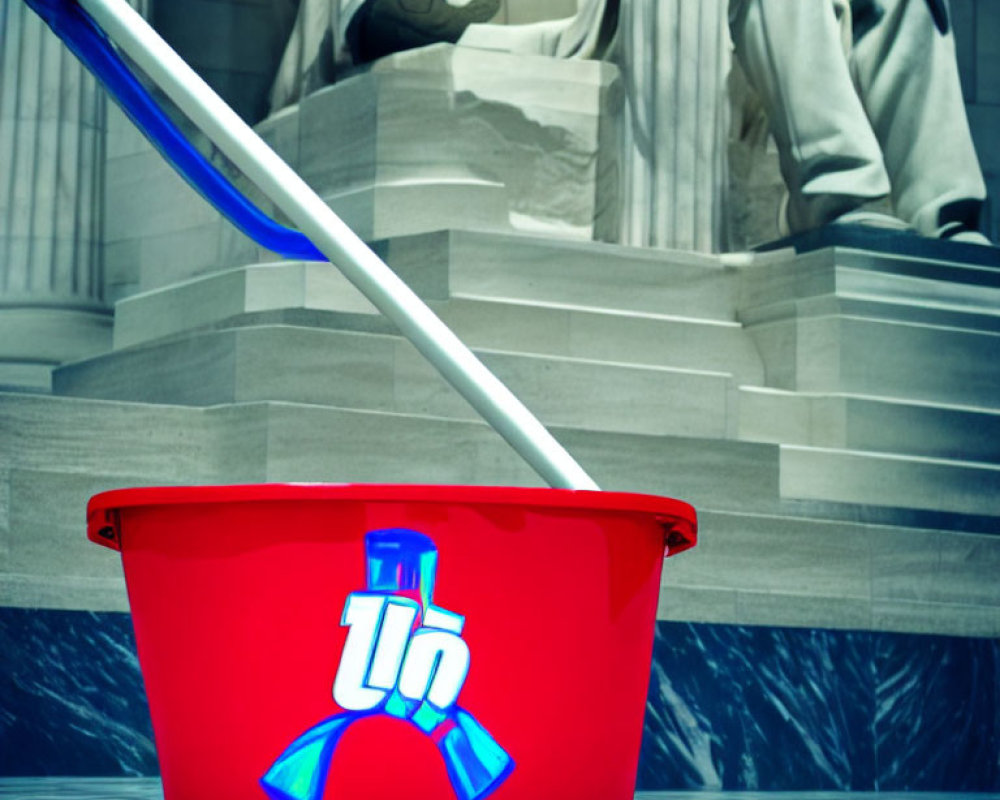 Red mop bucket with blue handle on marble floor near seated figure statue