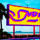 Abstract Neon Sign Against Dusky Sky and Mountains