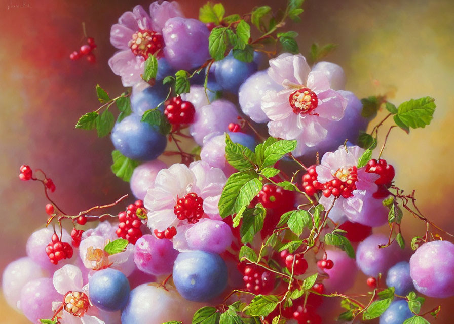 Colorful Still Life Painting of Grapes, Blossoms, and Berries