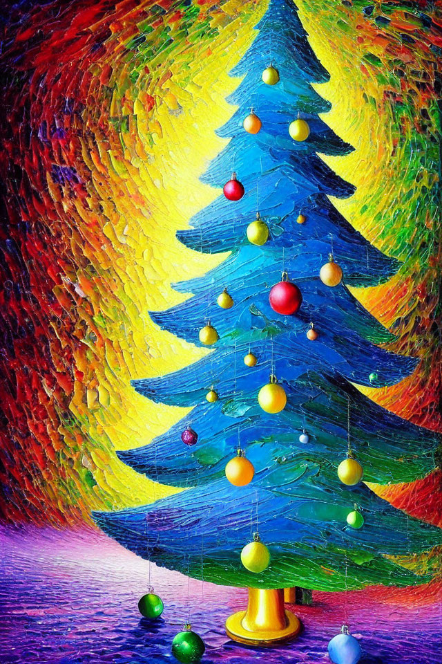Colorful Christmas Tree Painting with Textured Ornaments on Swirling Background