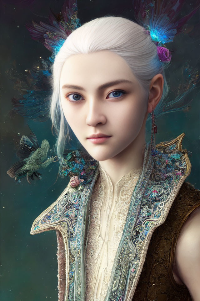 Fantasy portrait featuring white-haired figure with pointed ears and winged creature
