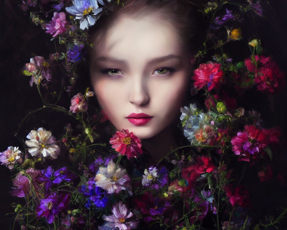 Serene woman portrait with vibrant blooming flowers