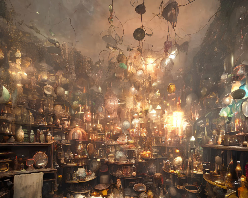 Antique Shop Filled with Lamps, Vases, and Pots in Warm, Mysterious