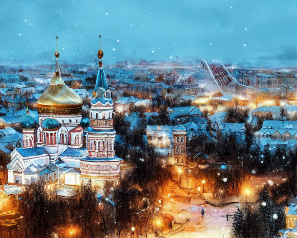 Traditional Russian town with ornate churches, golden domes, and ferris wheel in snowy evening scene