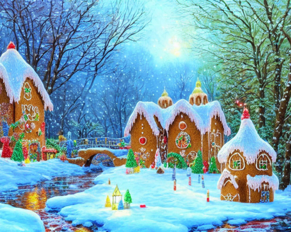 Whimsical winter scene with gingerbread houses, candy cane path, bridge, lanterns, and