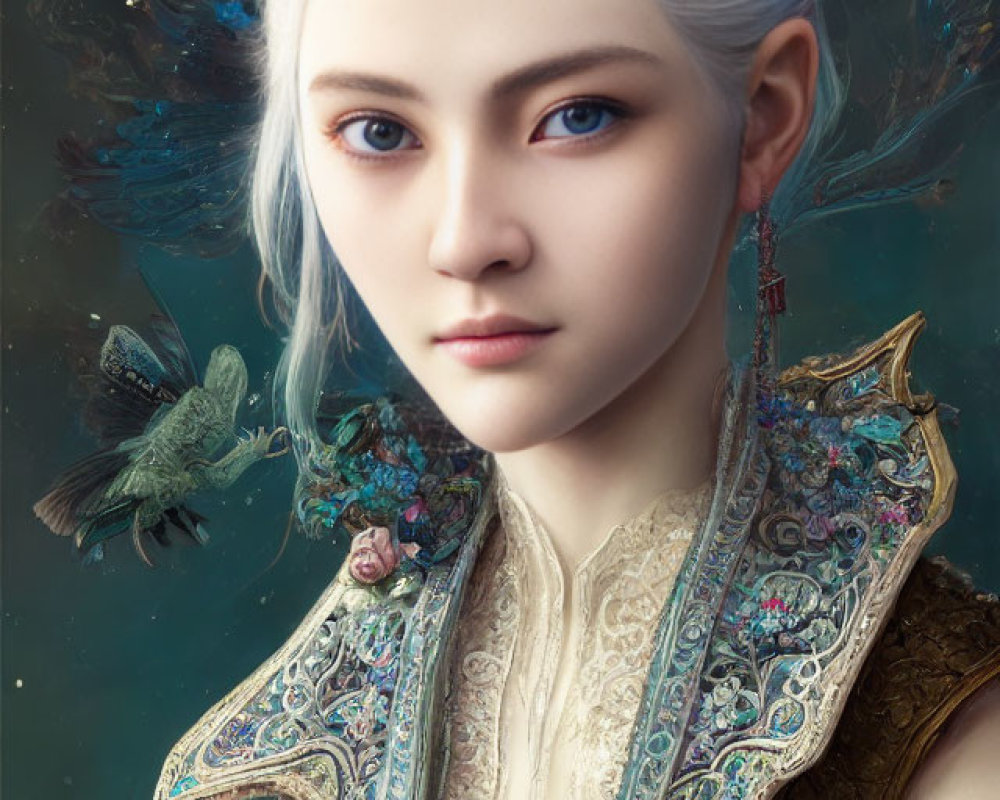 Fantasy portrait featuring white-haired figure with pointed ears and winged creature