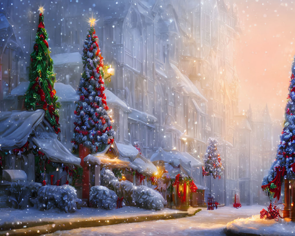 Snowy Winter Street with Christmas Decorations and Lights
