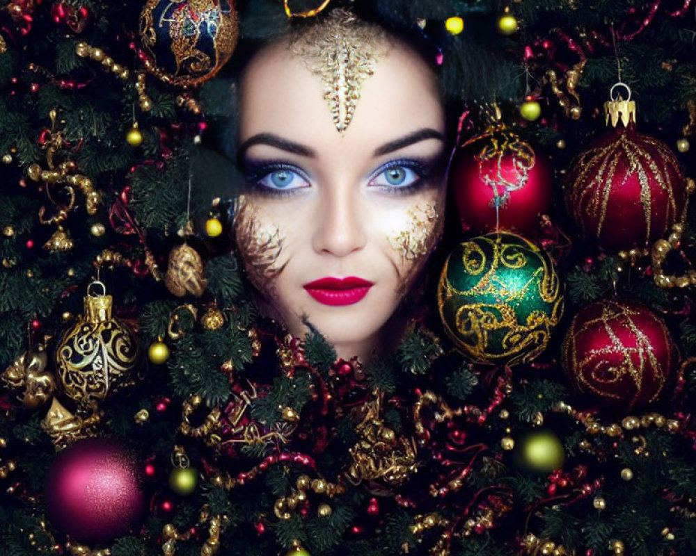 Festive Christmas tree with woman's face and gold makeup