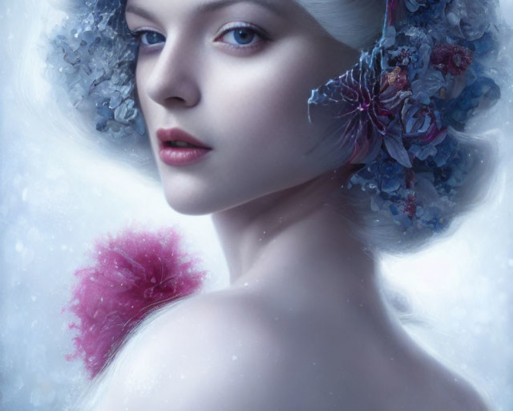 Pale-skinned woman with silver hair and floral crown gazes back, featuring frosty, ethereal