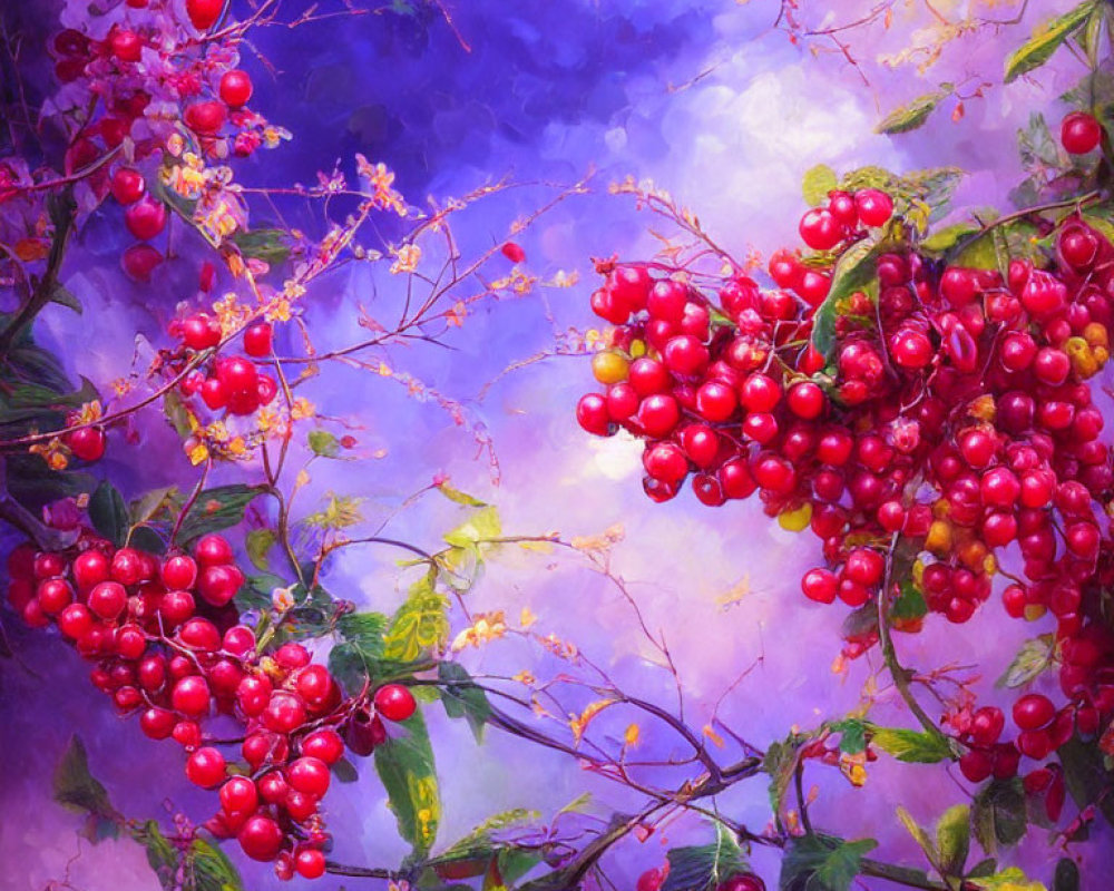 Colorful painting of red berries on branches against mystical purple and blue backdrop