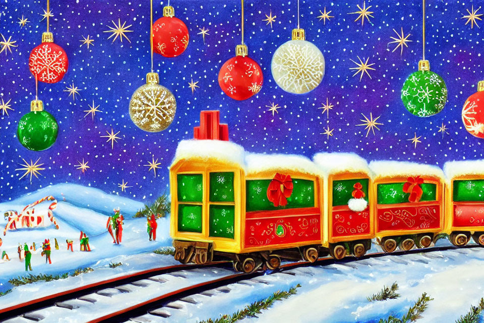 Vibrant Christmas train illustration with festive holiday scene