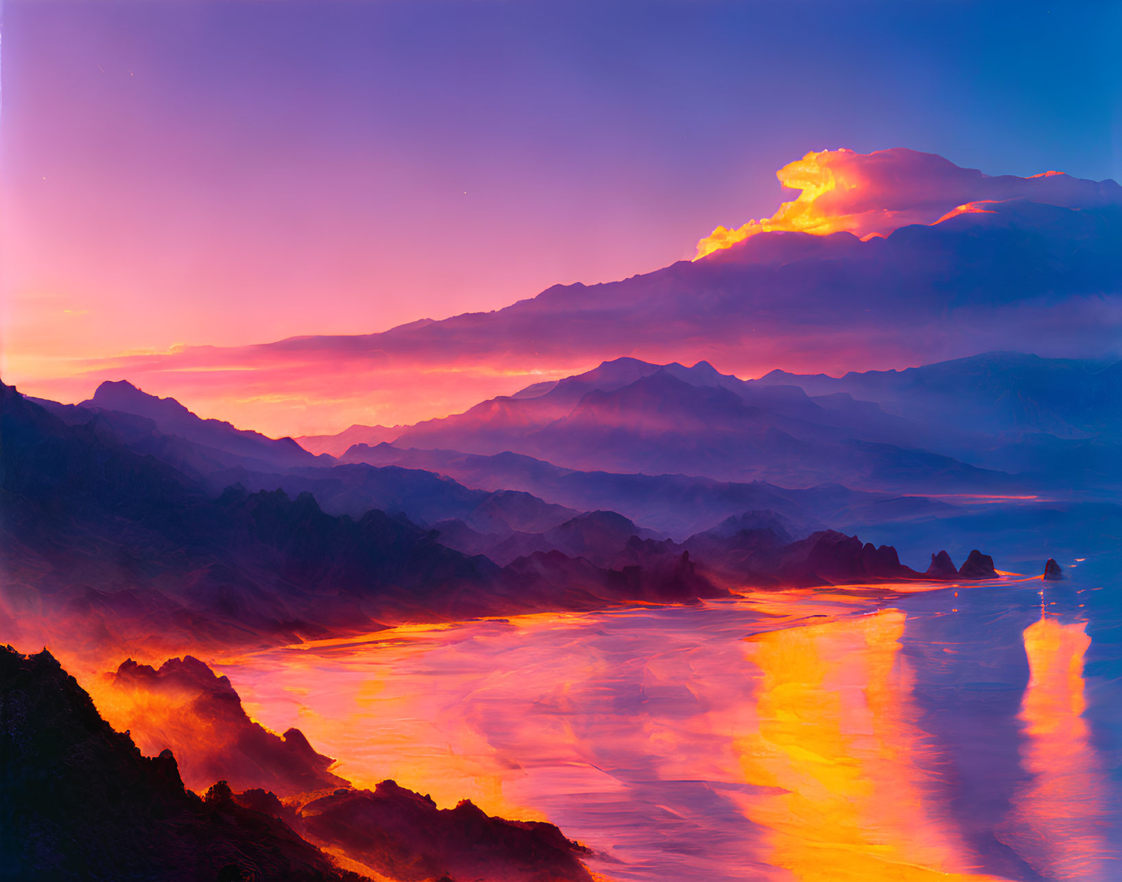 Scenic sunset over river with fiery clouds and mountains