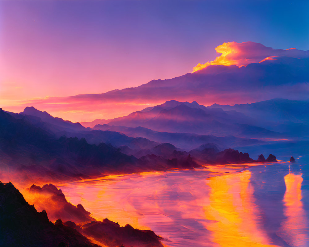 Scenic sunset over river with fiery clouds and mountains