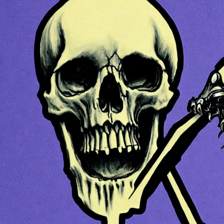 Stylized human skull and bones on purple background
