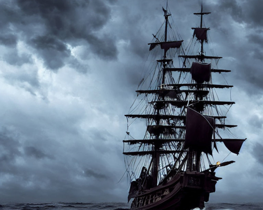 Tall ship with full sails in stormy seas under ominous sky