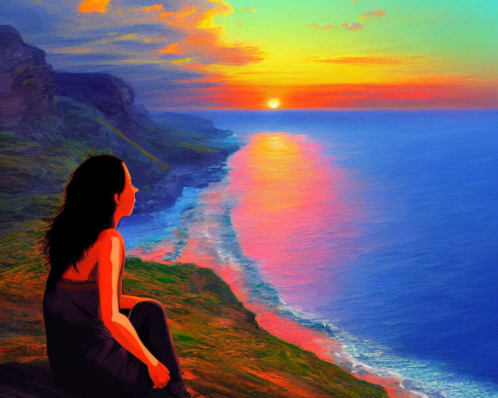 Woman Sitting on Cliff Overlooking Sunset Sea View with Clouds