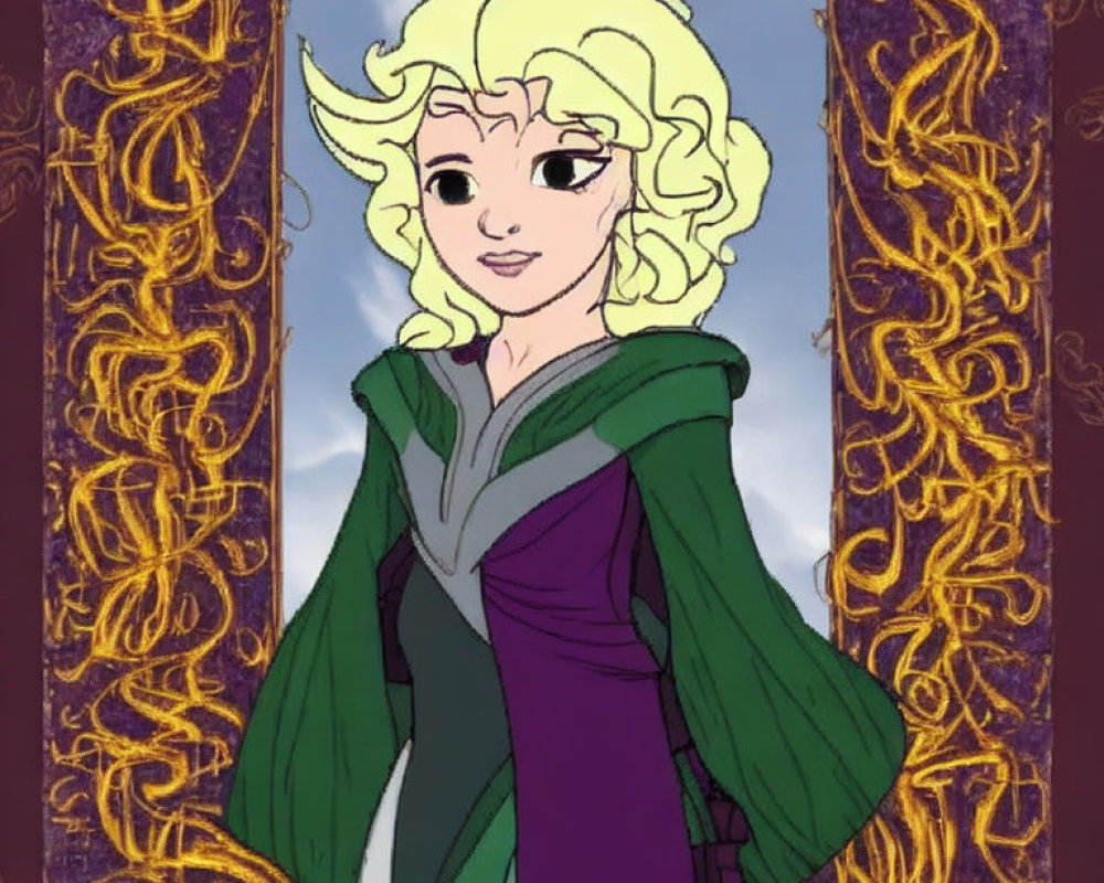 Blonde Curly-Haired Character in Purple Dress with Green Cloak and Ornate Golden Mirror