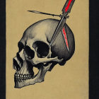 Human skull with dagger and axe on yellow background.