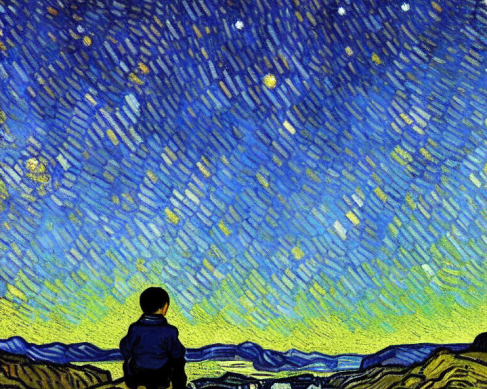 Child admires starry night sky in Van Gogh-esque scene