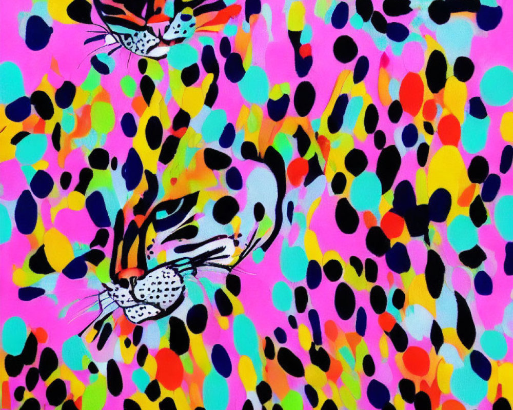 Stylized tiger face with multicolored spots on pink background