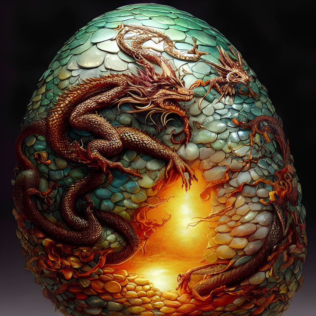 Intricate Dragon Sculptures Surrounding Luminous Egg