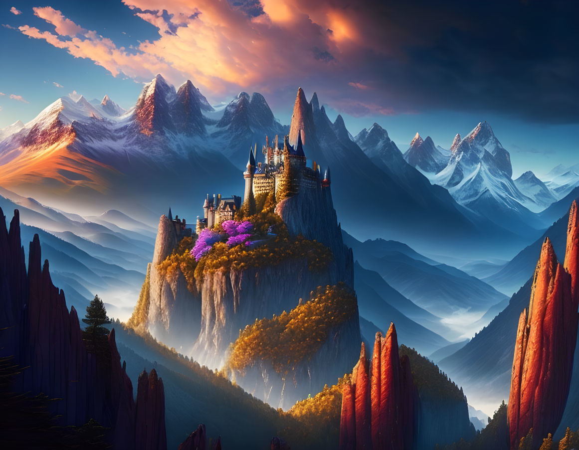 Majestic castle on cliff with snowy mountains at sunset