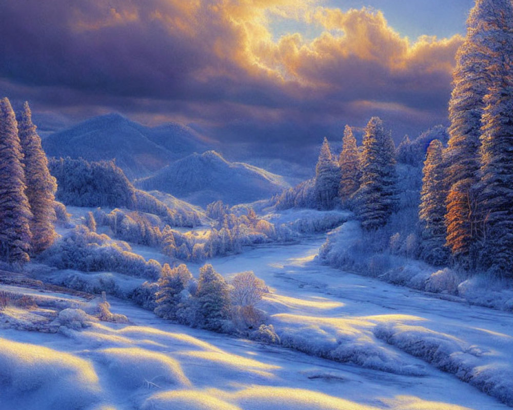 Snow-covered trees and river in serene winter twilight landscape