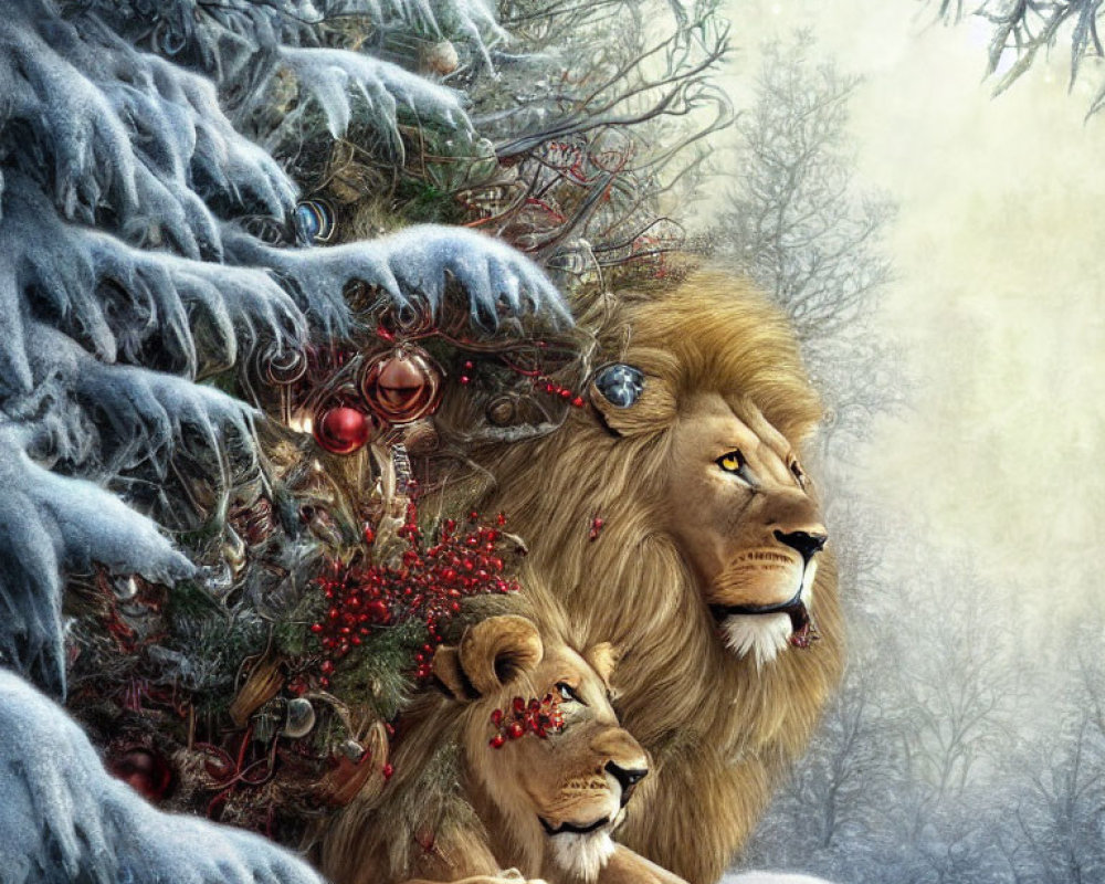 Lion and Cub by Christmas Tree in Winter Forest