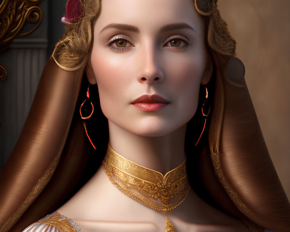 Digital portrait of woman in Renaissance attire with golden jewelry.
