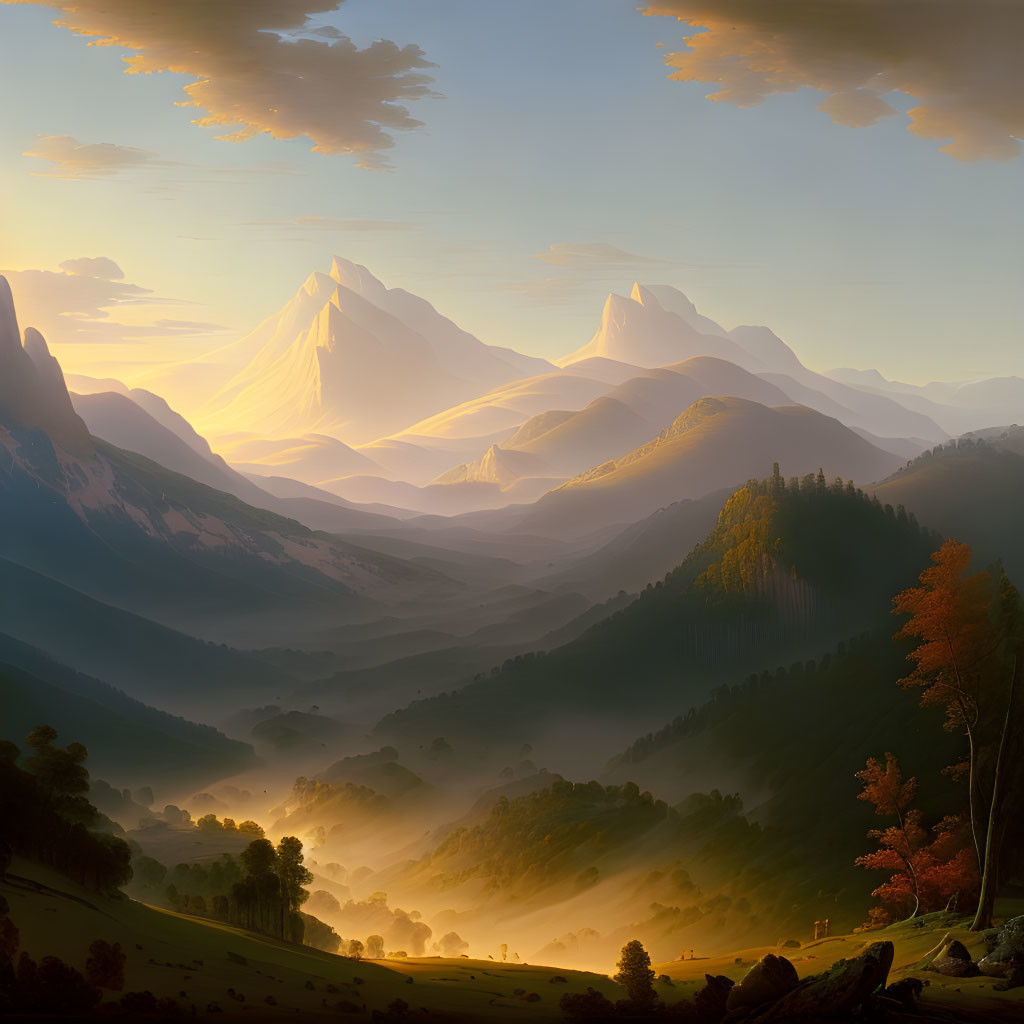Majestic snow-capped mountains and misty forest valley at sunrise
