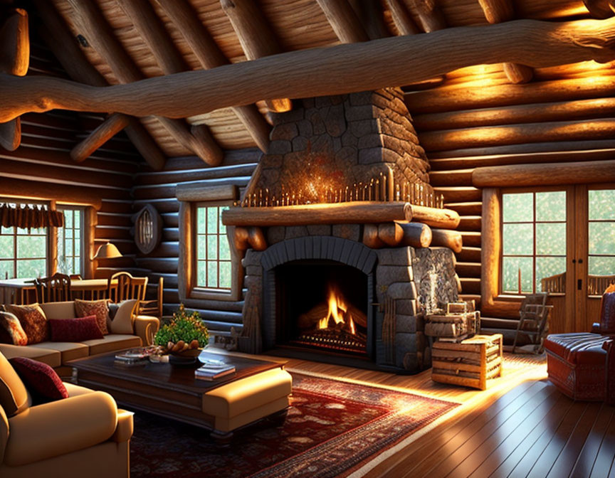 Rustic log cabin interior with fireplace and cozy seating