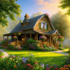Charming wooden cottage in lush garden at sunrise or sunset