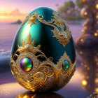 Jewel-encrusted egg with gold filigree and opal inlays against sunset