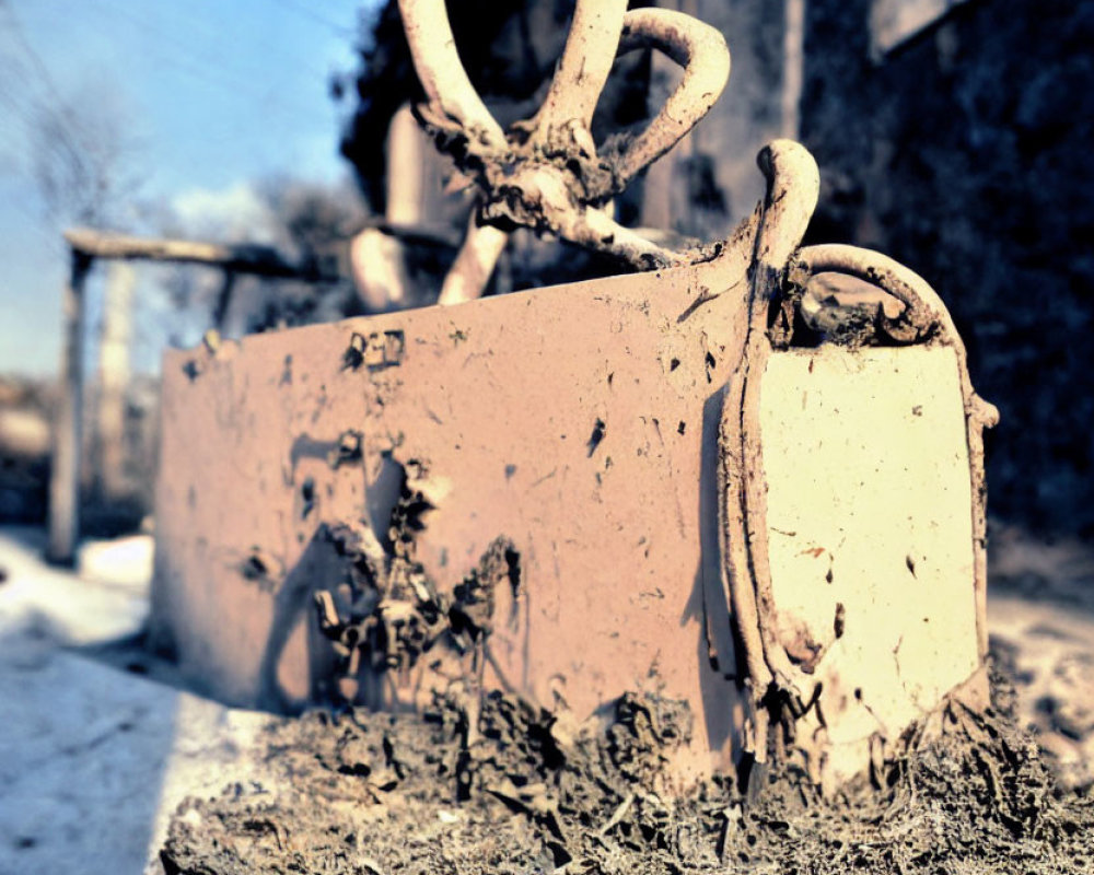 Rusty construction anchor with concrete, steel handle, blurred building and trees