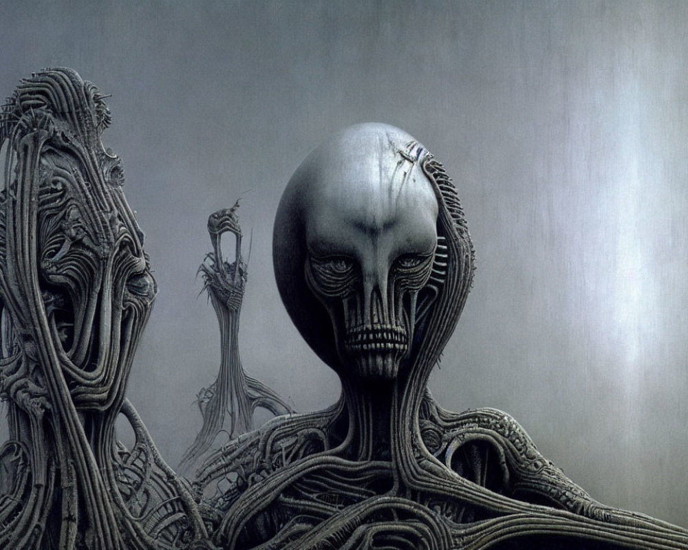 Elongated humanoid figures with skull-like head in surreal artwork